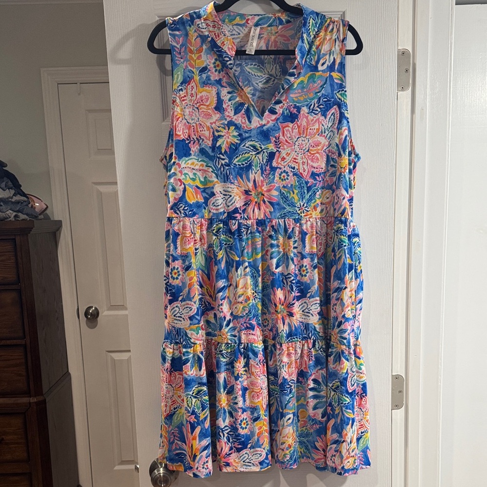 Floral Sleeveless Midi Dress - Blue and Pink